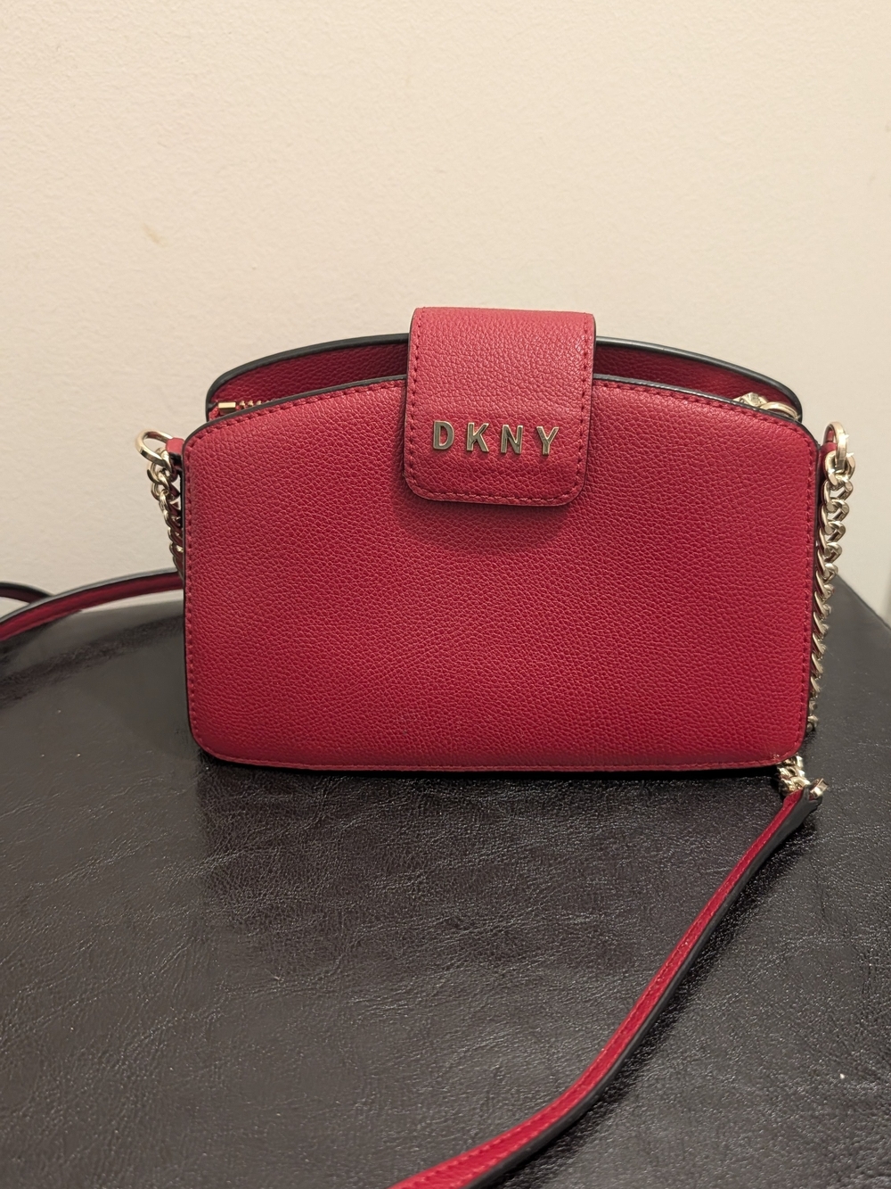 DKNY Pink-Red Pebbled Leather Crossbody with Gold Hardware